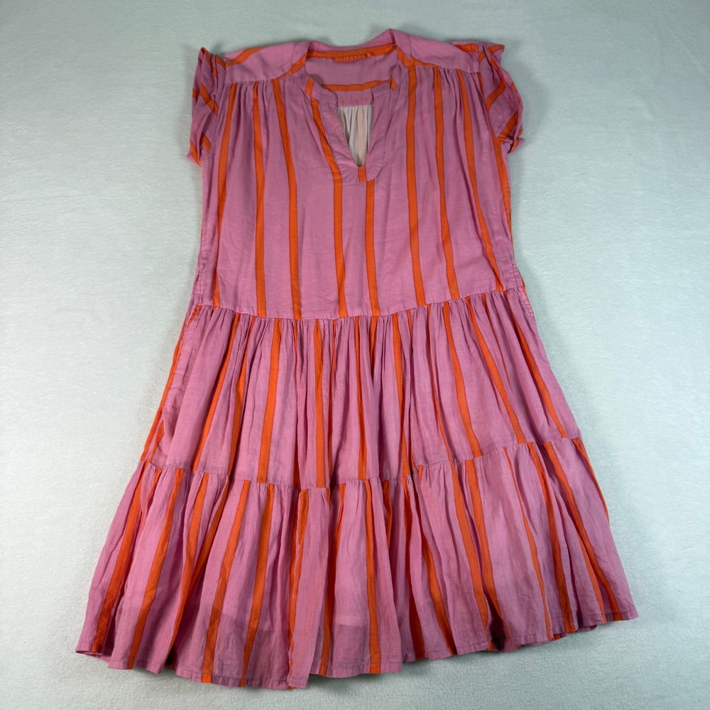 Oliphant Dress Mini Women Size S Pink Orange Cotton Boho Tiered Striped Resort